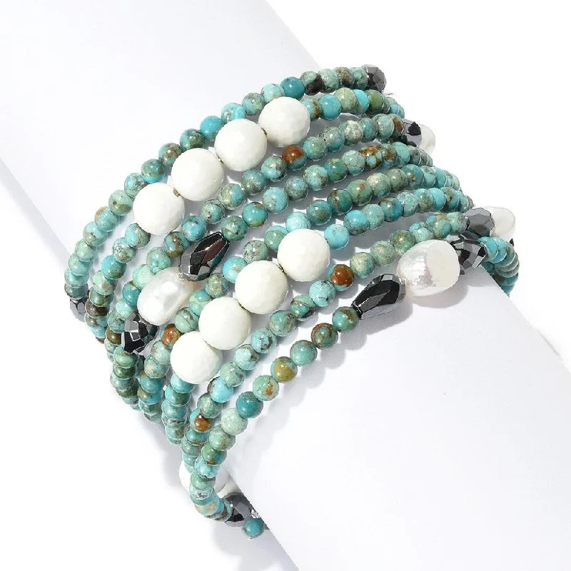 moon and star bracelet -10 x 8mm Cultured Pearl, Hematite & Turquoise Beaded Wrap Bracelet