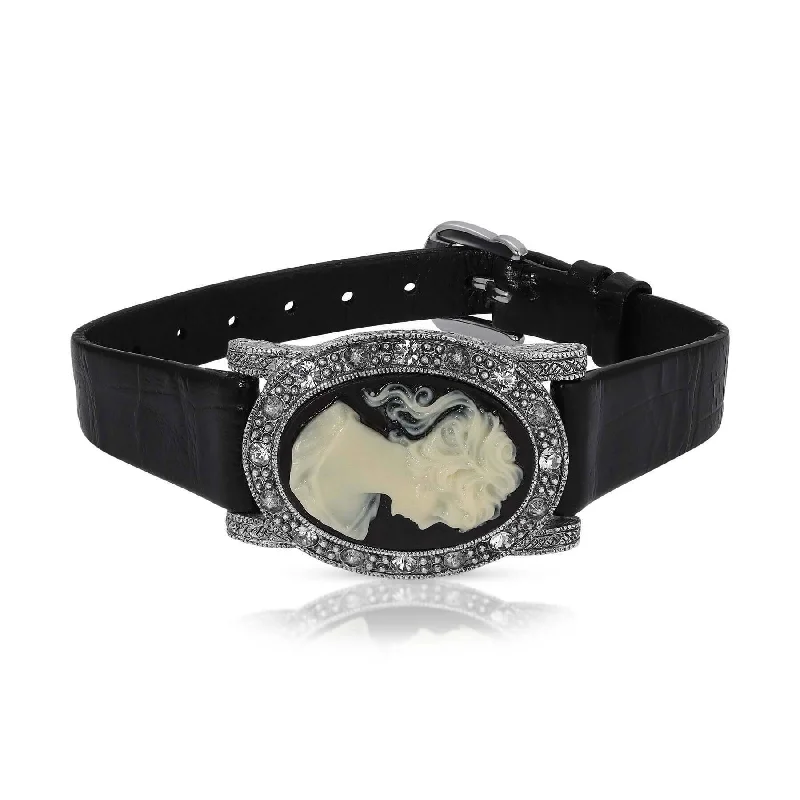 celestial charm bracelet -1928 Jewelry Black Diamond Crystal Cameo Crocodile Print Leather Belt Bracelet