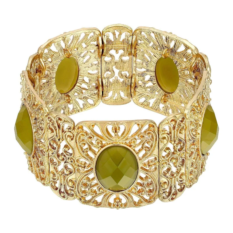 floral design bracelet -1928 Jewelry Intricate Filigree Oval High Dome Faceted Stretch Bracelet