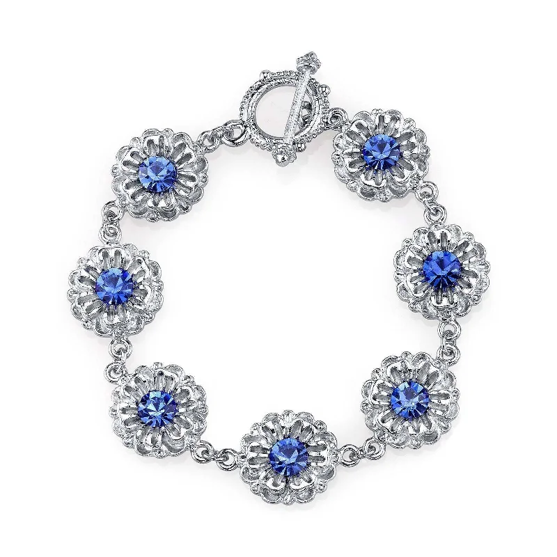 stackable gold bracelets -2028 Jewelry Sapphire Blue Crystal Flower Toggle Bracelet