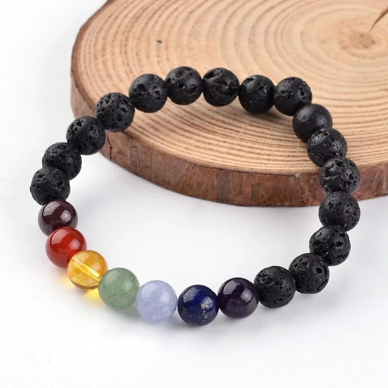 bohemian style beaded bracelet -Adult's Chakra Natural Lava Beaded Stretch Bracelet