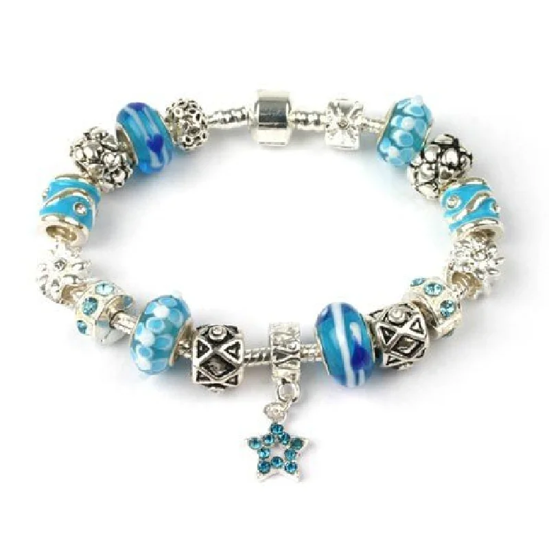 layered chain bracelet -Adult's 'Misty Blue' Silver Plated Charm Bead Bracelet