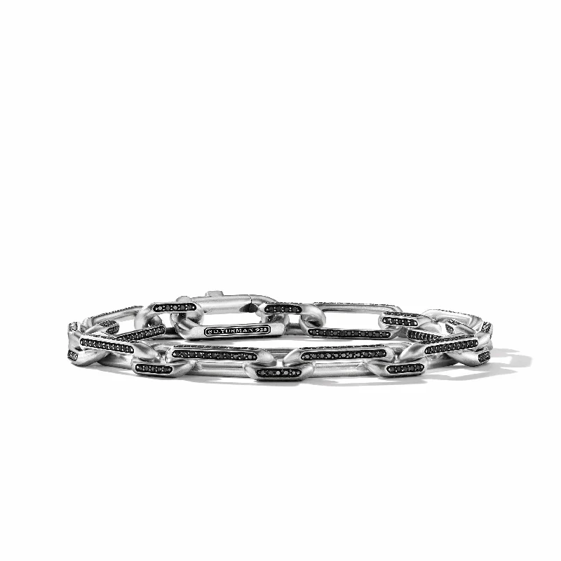 silver bangle bracelet for women -Elongated Open Link Chain Bracelet in Sterling Silver with Pave Black Diamonds