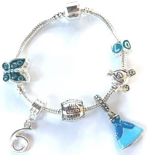 layered chain bracelet -Blue Princess 6th Birthday Girls Gift - Silver Plated Charm Bracelet