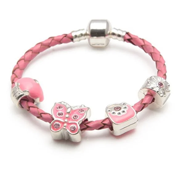 beaded friendship bracelet -Pretty In Pink Pink Leather Charm Bracelet For Girls