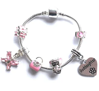 men’s cuff bracelet -Children's Goddaughter 'Pink Fairy Dream' Silver Plated Charm Bead Bracelet