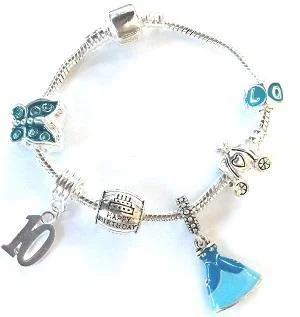 personalized engraved cuff bracelet -Children's 'Blue Princess 10th Birthday' Silver Plated Charm Bead Bracelet