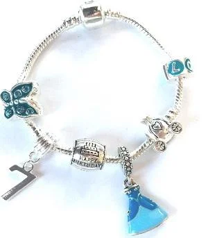 pearl drop bracelet -Children's 'Blue Princess 7th Birthday' Silver Plated Charm Bead Bracelet