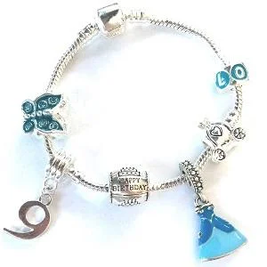 colorful crystal bracelet -Children's 'Blue Princess 9th Birthday' Silver Plated Charm Bead Bracelet