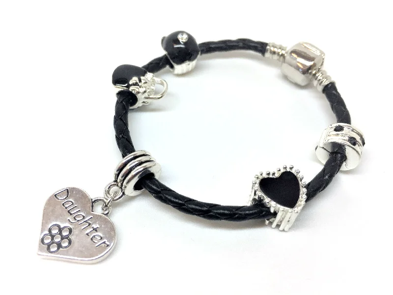 adjustable leather bracelet for men -Children's Daughter 'Simply Black' Silver Plated Black Leather Charm Bead Bracelet