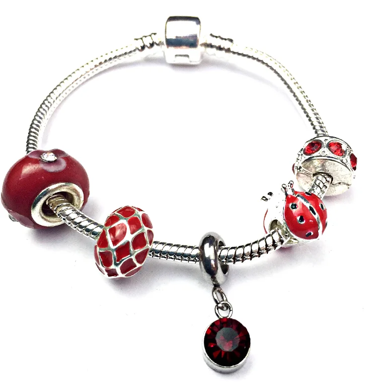 engraved silver bracelet -Children's 'July Birthstone' Ruby Coloured Crystal Silver Plated Charm Bead Bracelet