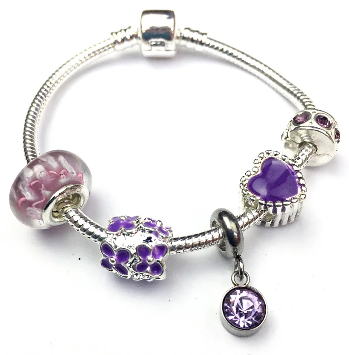 friendship bracelet with charms -Children's 'June Birthstone' Amethyst Coloured Crystal Silver Plated Charm Bead Bracelet