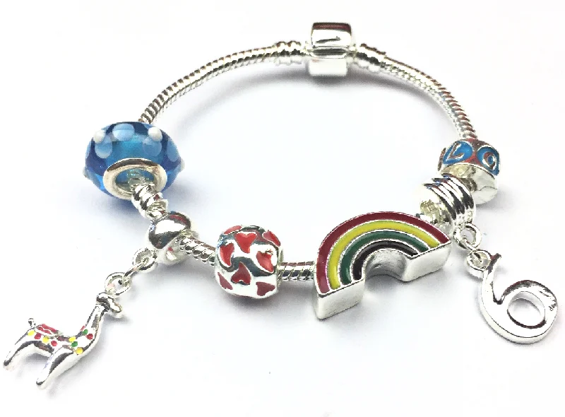 gemstone beaded bracelet -Children's 'Lovely Llama 6th Birthday' Silver Plated Charm Bead Bracelet