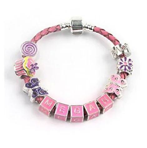 adjustable bead bracelet -Children's Personalised Name 'Birthday Girl' Pink Leather Charm Bead Bracelet