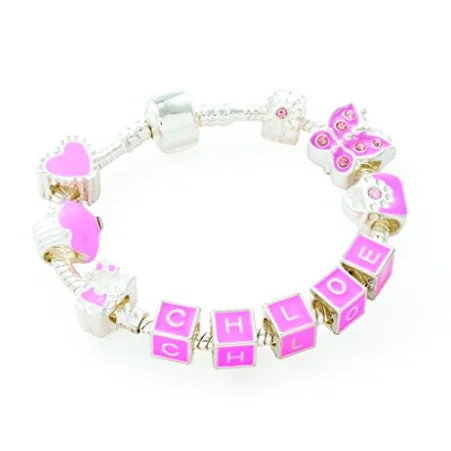 layered chain bracelet -Children's Personalised Name 'Think In Pink' Silver Plated Charm Bead Bracelet