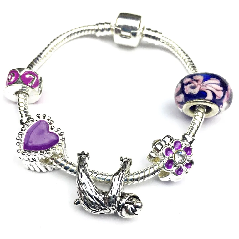 vintage charm bracelet -Children's Purple 'Just Chilling Sloth' Silver Plated Charm Bead Bracelet