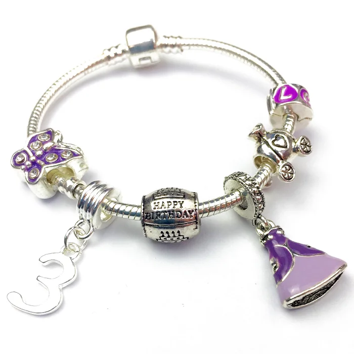 personalized name bracelet -Children's 'Purple Princess 3rd Birthday' Silver Plated Charm Bead Bracelet