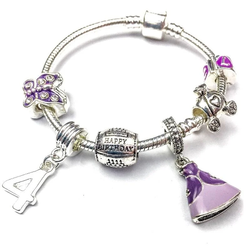 link chain bracelet for men -Children's 'Purple Princess 4th Birthday' Silver Plated Charm Bead Bracelet