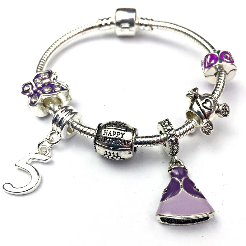 magnetic therapy bracelet for men -Children's 'Purple Princess 5th Birthday' Silver Plated Charm Bead Bracelet