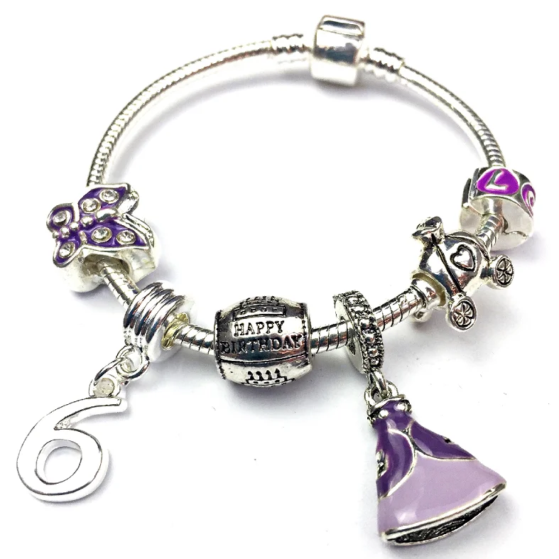 gold chain bracelet -Children's 'Purple Princess 6th Birthday' Silver Plated Charm Bead Bracelet