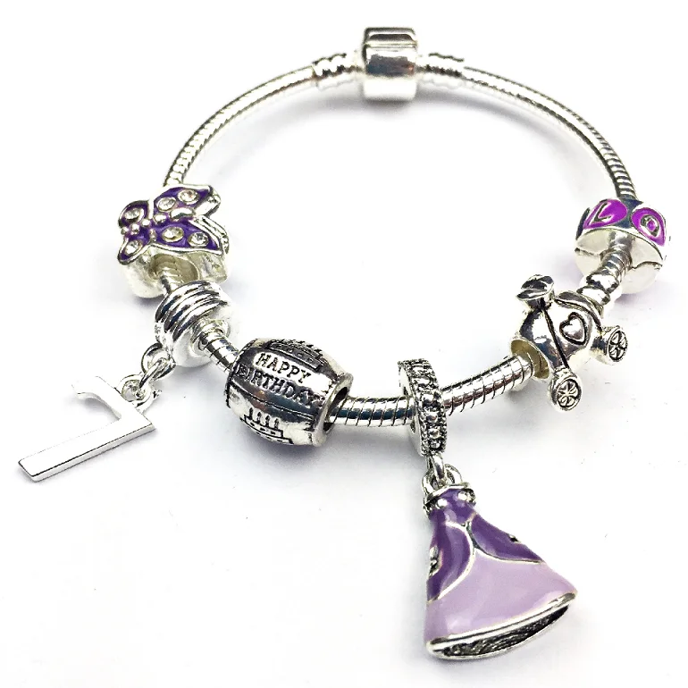 diamond accented bracelet -Children's 'Purple Princess 7th Birthday' Silver Plated Charm Bead Bracelet