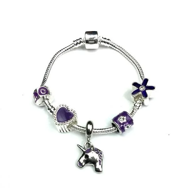 vintage style cuff bracelet -Children's 'Purple Unicorn' Silver Plated Charm Bead Bracelet