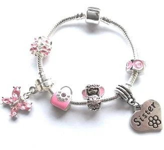 engraved nameplate bracelet -Children's Sister 'Pink Fairy Dream' Silver Plated Charm Bead Bracelet