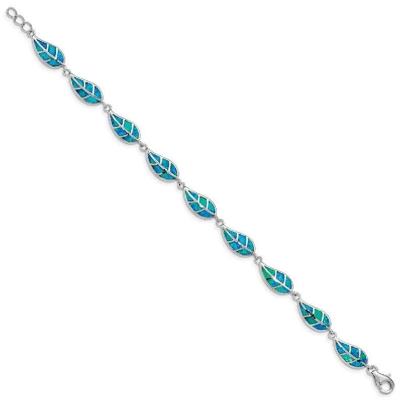 sterling silver charm bracelet -Curata 925 Sterling Silver Rhodium Plated Simulated Blue Opal Inlay Leaf Bracelet 7.5 Inch