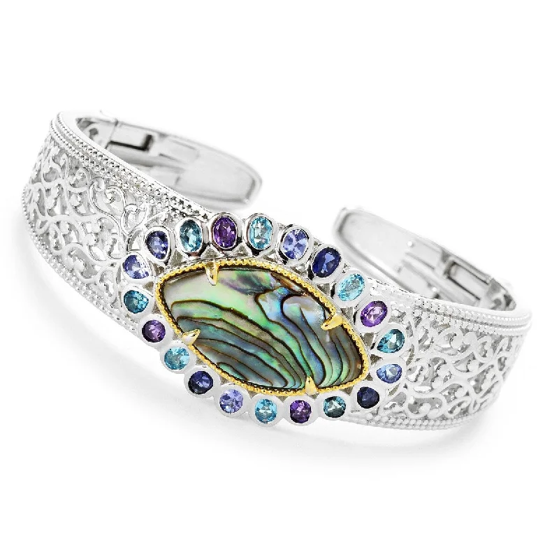 silver beaded bracelet -Dallas Prince Designs 6.5" or 7.25" 26 x 14.5mm Abalone & Multi Gemstone Cuff Bracelet