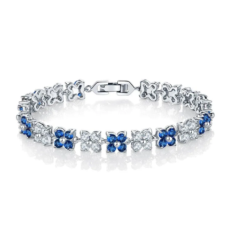 sterling silver anklet bracelet -Flower Cubic Zirconia Tennis Bracelet for Women with Round Cut Sapphire Cubic Zirconia