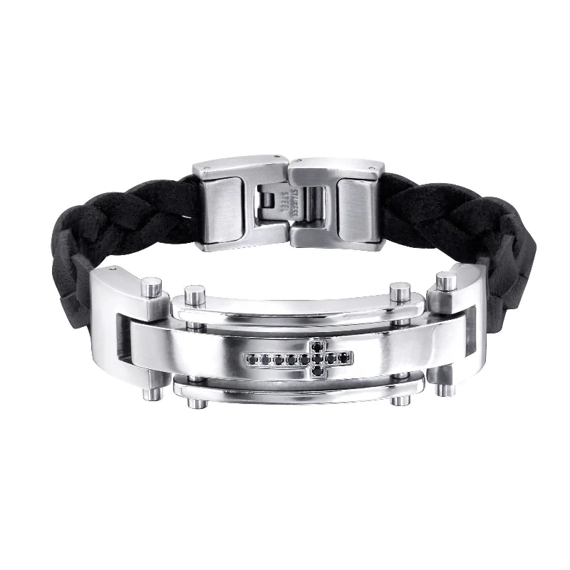 celestial charm bracelet -Men's 'Chicago' High Polish Stainless Steel and Leather Cross Tag Bracelet