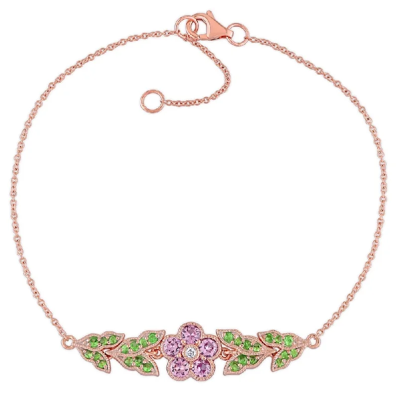 simple chain bracelet -Miadora 10k Rose Gold Pink Sapphire Tsavorite and Diamond Floral Bracelet