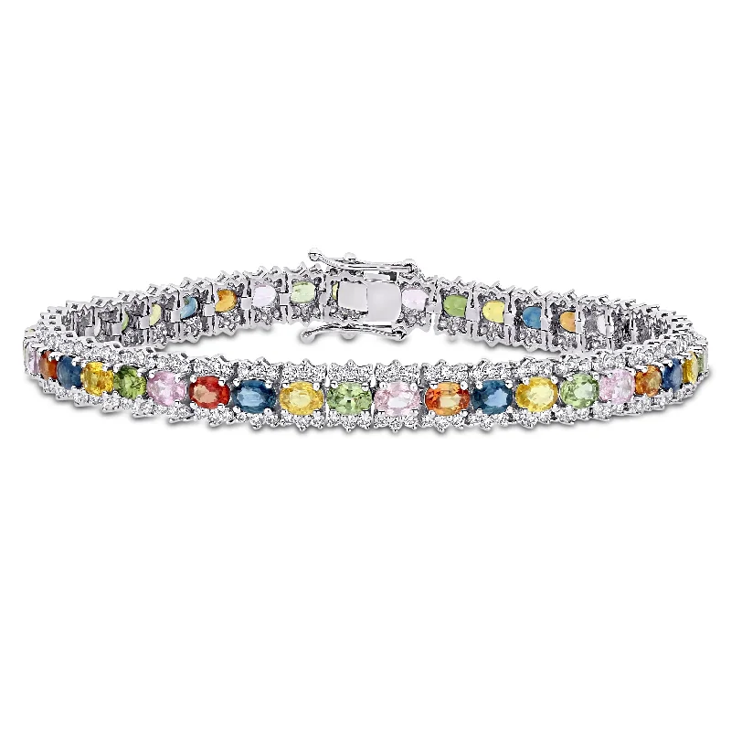 simple chain bracelet -Miadora 18k White Gold 8 1/5ct TGW Oval Multi-Color Sapphire and 2 1/5ct TDW Diamond Tennis Bracelet