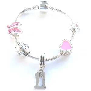 sterling silver bracelet with charms -Children's Pink 'Happy 11th Birthday' Silver Plated Charm Bead Bracelet