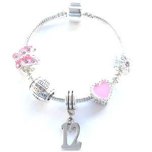 heart charm bracelet for women -Children's Pink 'Happy 12th Birthday' Silver Plated Charm Bead Bracelet