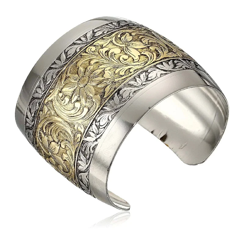 leather wrap bracelet -1928 Jewelry Two Tone Etched Floral Cuff Bracelet