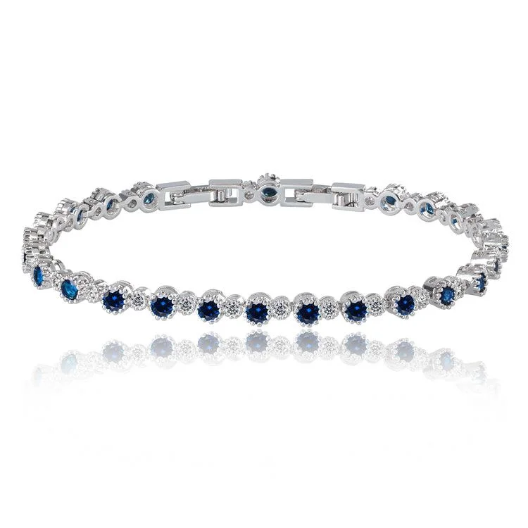 couple’s matching bracelets -Sapphire and White Diamond Tennis Bracelet for Women with Round Cut Cubic Zirconia