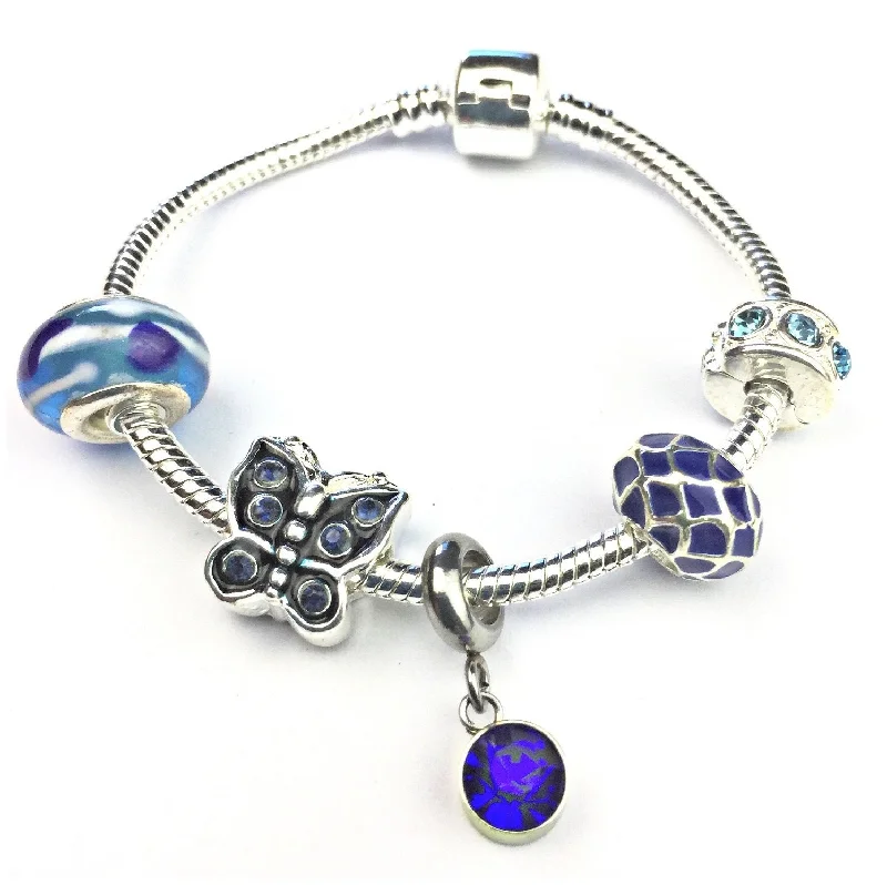 personalized name bracelet -Children's 'September Birthstone' Sapphire Coloured Crystal Silver Plated Charm Bead Bracelet