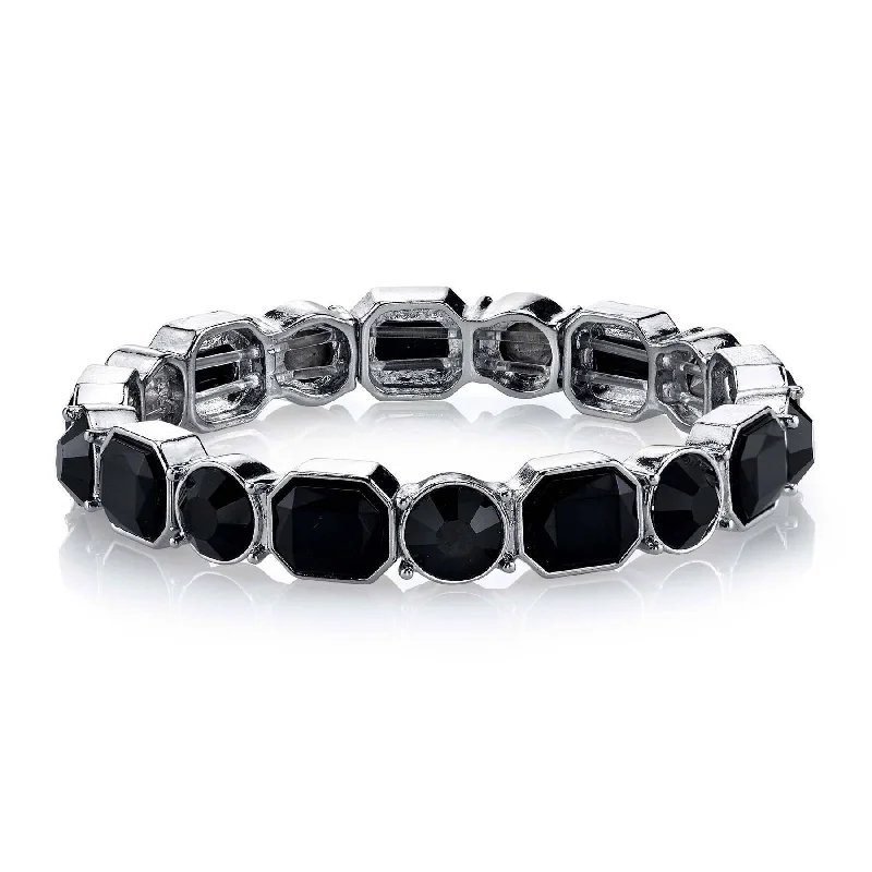 adjustable leather bracelet for men -2028 Jewelry Octagon And Round Black Stone Stretch Bracelet