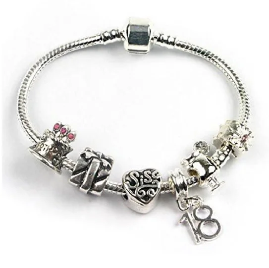 heart-shaped charm bracelet -Teenager's Sis Sister 'Happy Birthday Teen Queen' Age 13/16/18 Silver Plated Charm Bead Bracelet