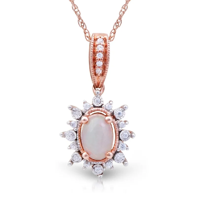 chakra healing stone necklace -1/10ct TDW Diamond Ethiopian Opal Gemstone Halo Necklace in 10k Rose Gold