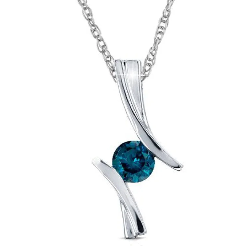 gold pendant necklace for women -1/2ct Blue Diamond Solitaire Pendant White Gold 3/4" Tall (Blue,I2-I3)