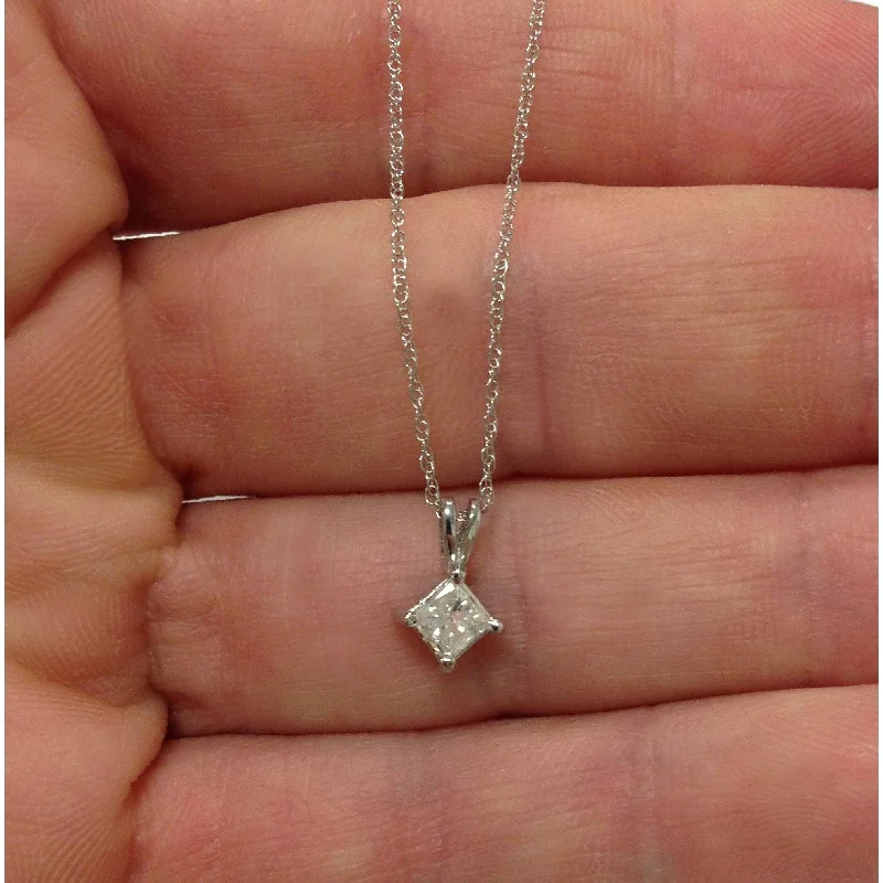 triple strand pearl necklace -1/3Ct Princess Cut Solitaire Diamond White Gold Pendant & Chain