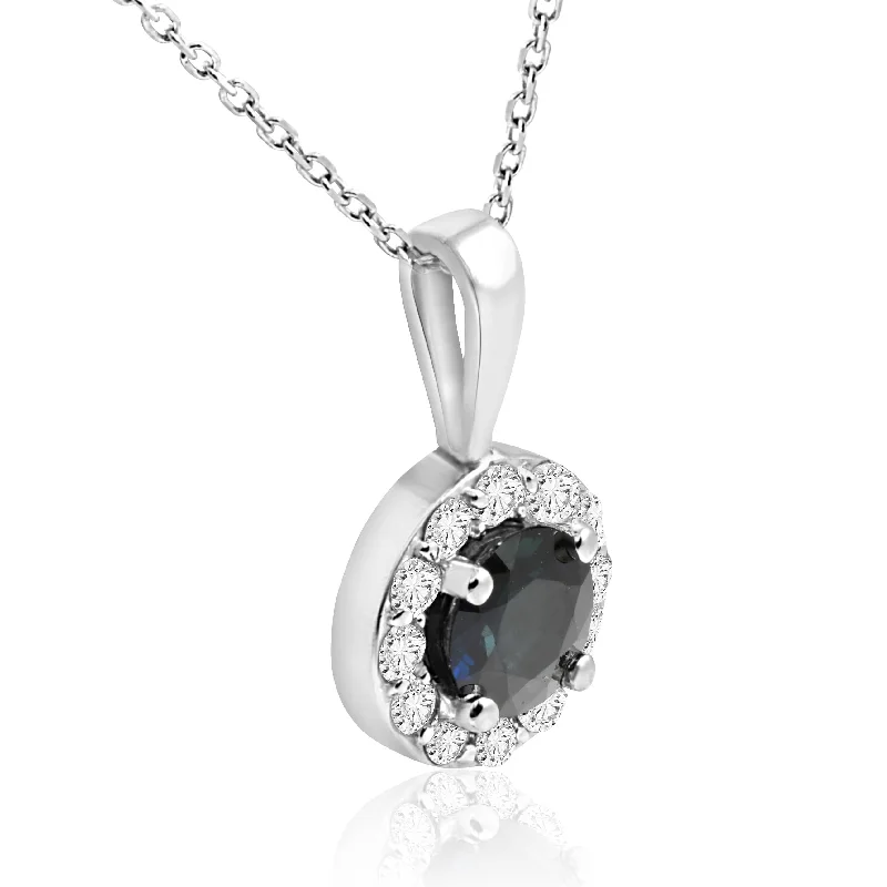 double layer necklace for women -1 ct Blue Sapphire & Diamond Halo Pendant White Gold & 18" Chain