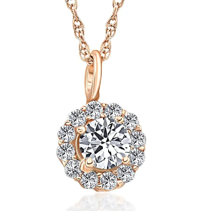 art nouveau necklace -1 Ct Halo Diamond Pendant Rose Gold 18" Chain Necklace