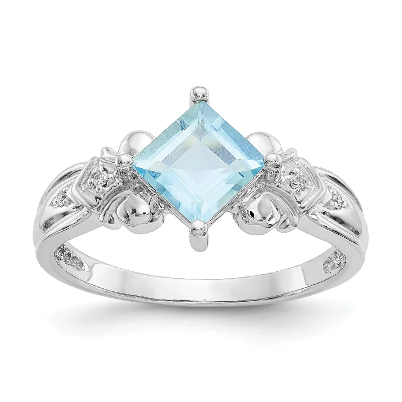 minimalist thin band ring -10k White Gold 6mm Square Princess Genuine Aquamarine & Diamond Ring