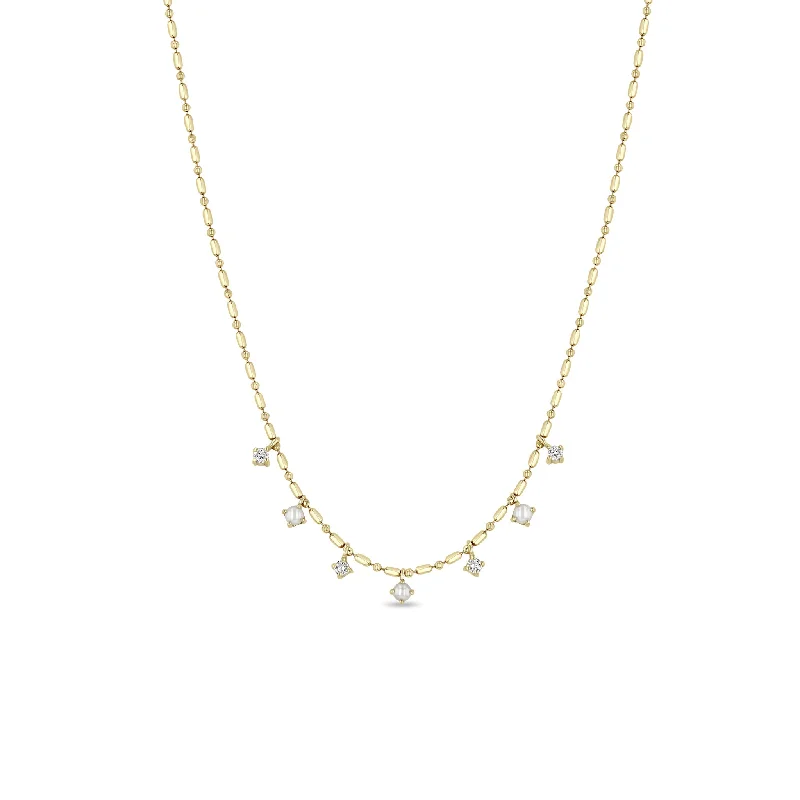 moon and star pendant necklace -14k 7 Dangling Prong Pearl & Diamond Tube Bar Chain Necklace