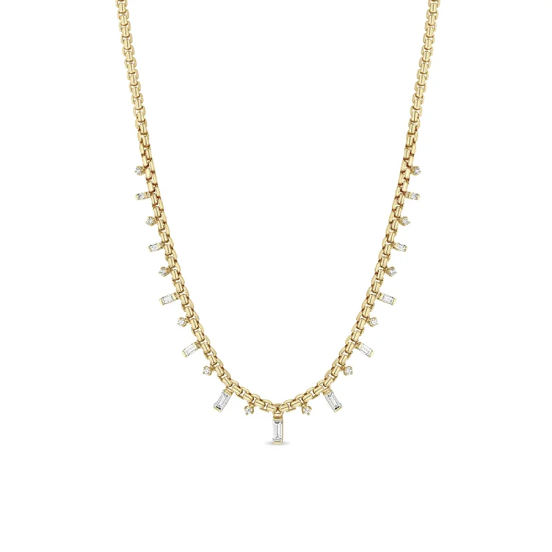 double layer necklace for women -14k Alternating Baguette & Round Diamond Medium Box Chain Necklace