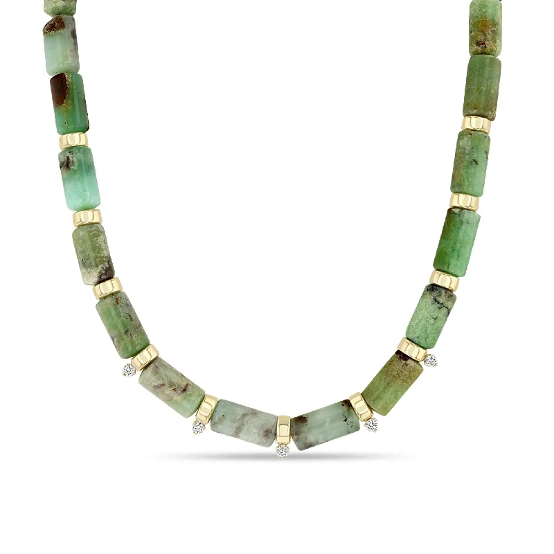 men’s cross pendant necklace -14k Gold & Chrysoprase Tube Bead Necklace with 5 Prong Diamonds