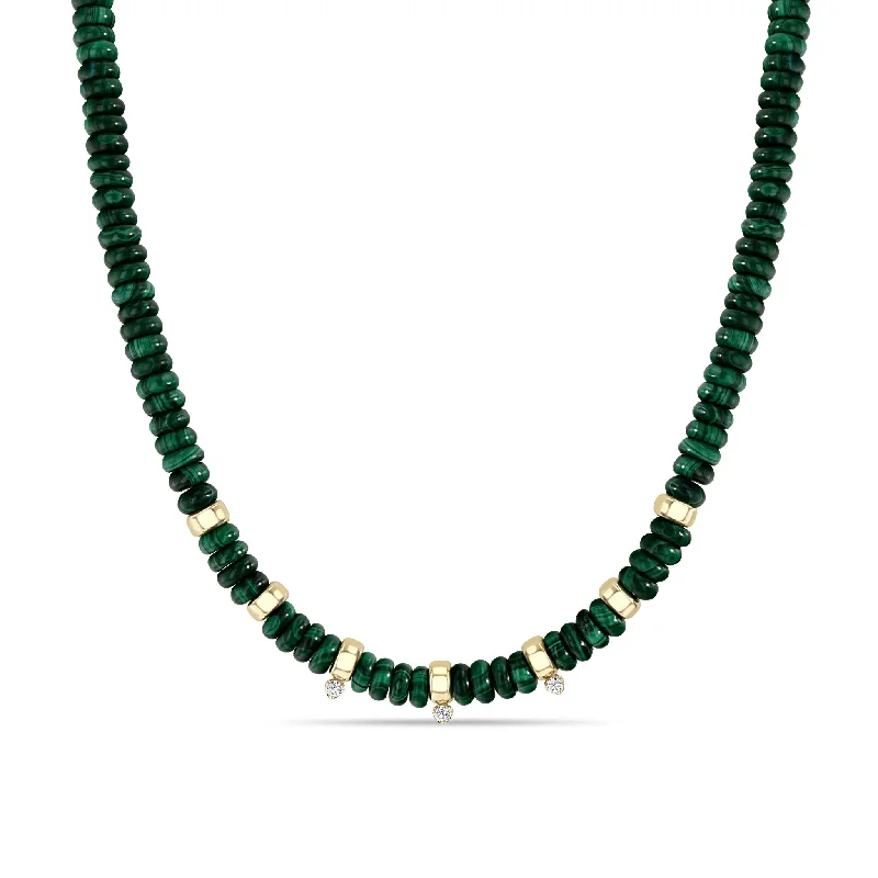 butterfly shaped pendant necklace -14k Gold & Malachite Rondelle Bead Necklace with 3 Prong Diamonds